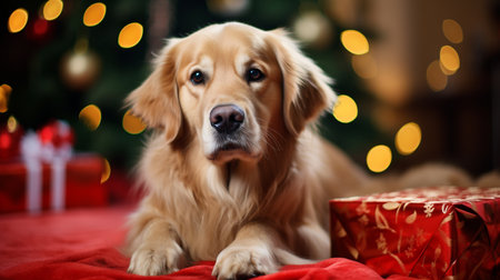 Golden Retriever dog with christmas gift boxes on background.の素材