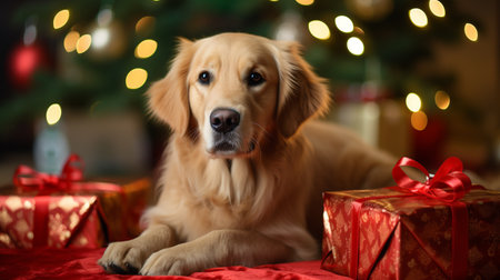 Golden retriever dog with christmas gifts on bokeh backgroundの素材