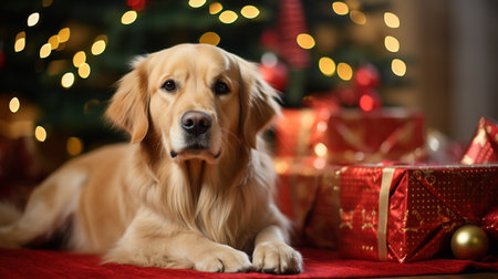 Golden retriever dog and christmas gifts on bokeh backgroundの素材