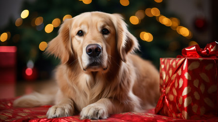 Golden retriever dog with christmas gift box on bokeh backgroundの素材