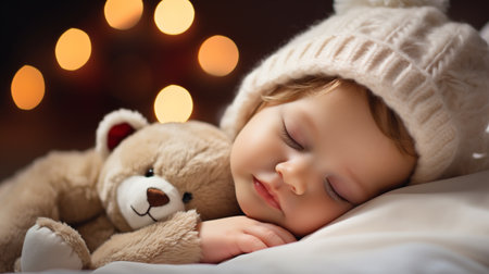 Cute little boy sleeping with teddy bear on Christmas background.の素材