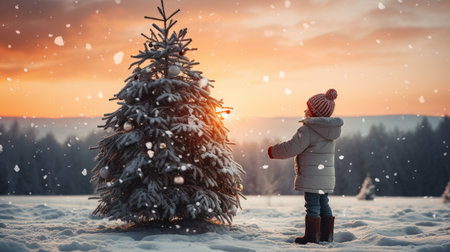 Little girl in winter clothes standing near a Christmas tree on a background of snow-covered mountainsの素材