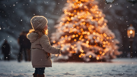 Adorable little girl having fun on beautiful winter day outdoors. Happy child playing with snow. Winter activities for kids.の素材