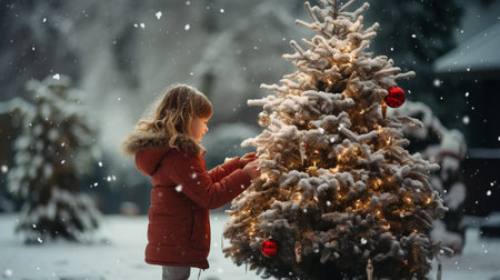 Adorable little girl decorating christmas tree outdoors on beautiful winter dayの素材