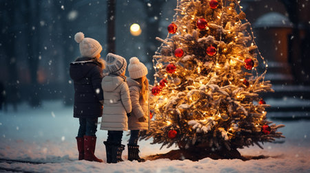 Two adorable little sisters, sisters rating christmas tree on snowy winter streetの素材