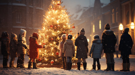 Children decorate a Christmas tree on the street in the winter.の素材