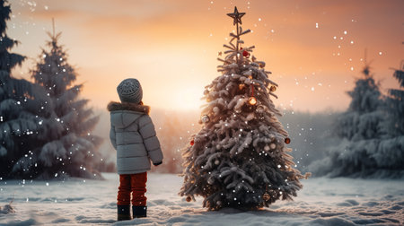 Little girl in warm clothes stands near the Christmas tree in the winter forest.の素材