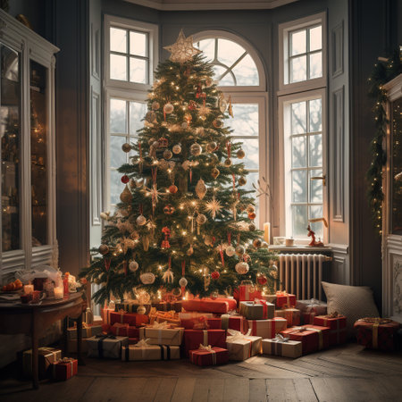Christmas tree with presents under it. Christmas interior. 3d renderingの素材