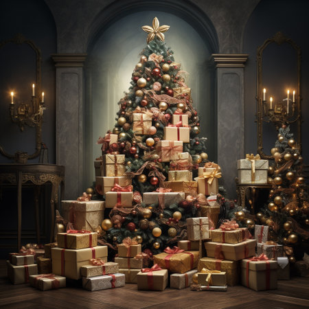 Christmas tree with gifts in the interior of the room. 3D rendering.の素材