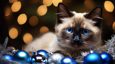 Siamese cat with blue eyes and Christmas decoration on bokeh backgroundの素材