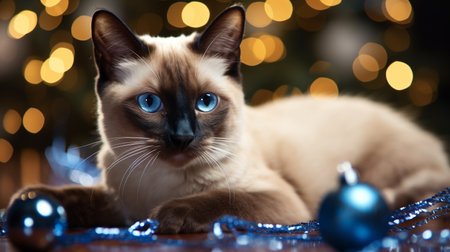 Siamese cat with blue eyes and christmas decoration on bokeh backgroundの素材