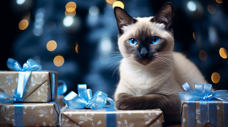 Siamese cat with blue eyes and gift boxes on Christmas backgroundの素材