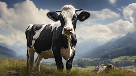 Black and white cow on the meadow with mountains in the backgroundの素材