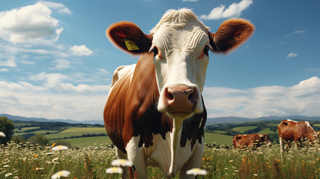 Cow on a meadow with camomiles and daisiesの素材