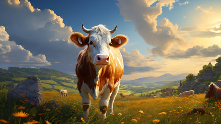 Cow grazing in the meadow at sunset. 3d illustration.の素材