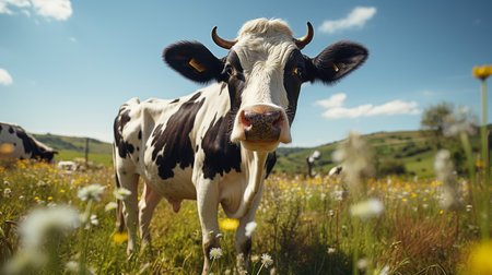 Cows grazing in a meadow on a sunny summer day.の素材