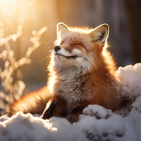 Red fox in the winter forest at sunset. Beautiful animal in the nature.の素材