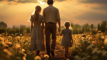Happy family walking in the field at sunset. Father, mother and daughter.の素材