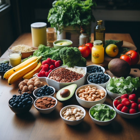 Healthy food clean eating selection: fruits, vegetables, dairy products, berries, nuts.の素材