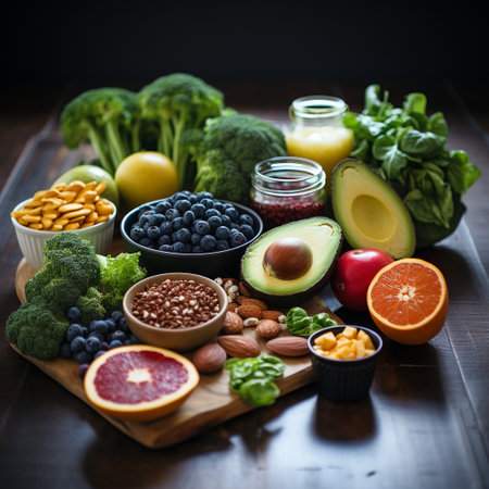 Healthy food clean eating selection: fruit, vegetables, superfoods, nuts and fruits. Balanced diet.の素材