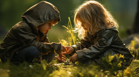 Two little girls playing in the park at sunset. Children play in the park.の素材