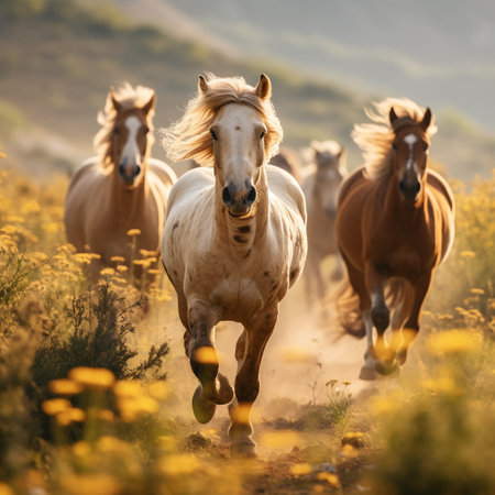 Wild horses run gallop in a field of yellow flowers in springの素材