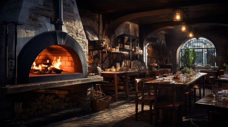 Fireplace in a restaurant with open firewood in the foreground.の素材