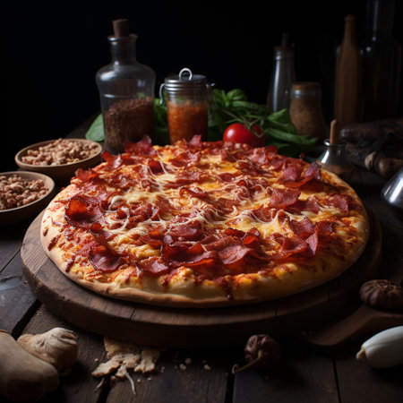 Pizza with salami and mozzarella cheese on wooden backgroundの素材