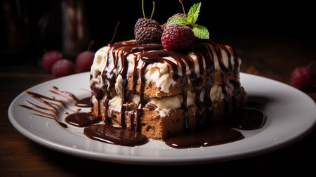 Chocolate cake with raspberries and mint on a wooden tableの素材