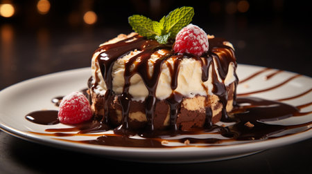 Chocolate cake with cream and raspberries on a dark backgroundの素材