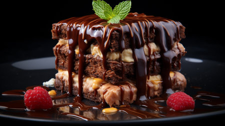 Chocolate cake with raspberries and mint on a black backgroundの素材
