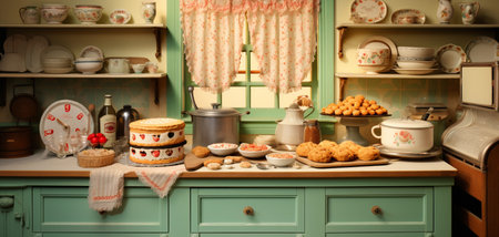 Kitchen interior with cupcakes and cookies. Vintage style tonedの素材