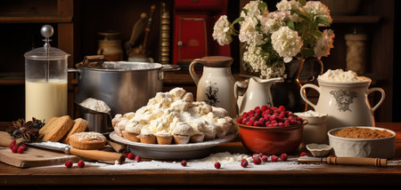 Still life with ingredients for baking on a wooden table in the kitchenの素材