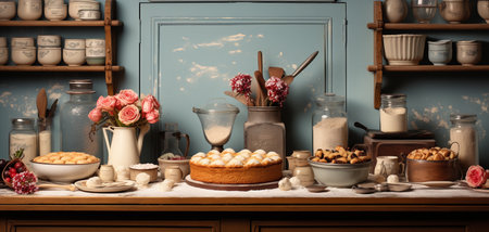 Cereal table with a cupcakes and cookies in the kitchenの素材