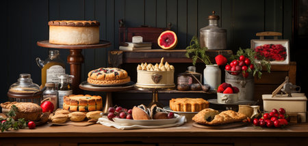 Variety of cakes and pastries on a table in a bakeryの素材
