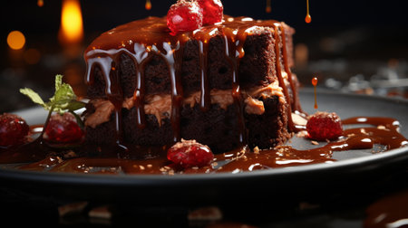 Chocolate cake with raspberries and chocolate sauce on plate, closeupの素材