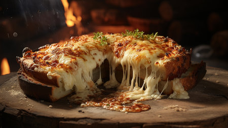 Baked pizza with cheese and tomato sauce on a wooden board.の素材