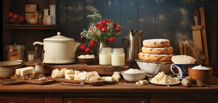 Cottage cheese, sour cream, cottage cheese, milk and cookies on a rustic wooden backgroundの素材