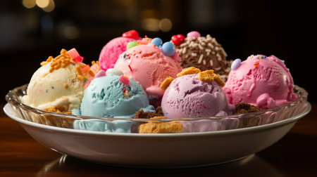 Close up of ice cream scoops in a bowl on wooden tableの素材