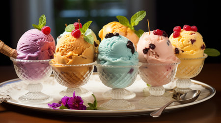 Various ice cream scoops of different colors and flavors in glass bowlsの素材
