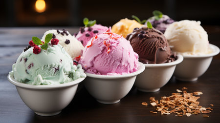 Different sorts of ice cream in bowls on wooden table, closeupの素材