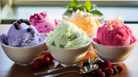 Close up of colorful ice cream scoops in bowls on wooden tableの素材