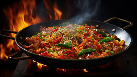 Stir fry noodles with meat and vegetables in a wok.の素材
