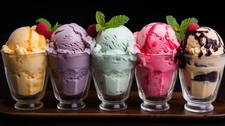 Ice cream scoops of different colors and flavors in a glass cupの素材