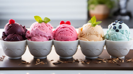 Scoops of different flavors of ice cream in a bowl.の素材