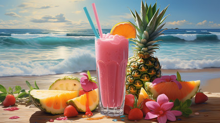 Fruit smoothies on the beach with tropical fruits and flowers.の素材
