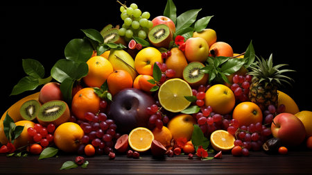 Fruits and vegetables on a black background. Healthy food concept.の素材