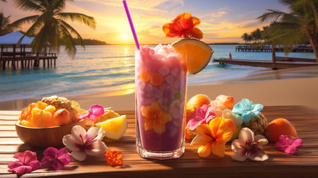 Fruit cocktails with tropical flowers and palm trees on the background.の素材