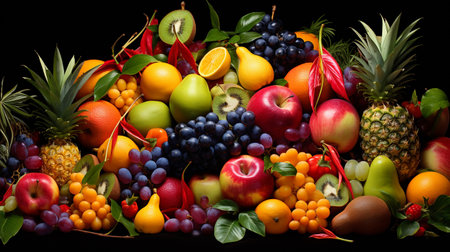 Fruits were placed together forming a beautiful bouquet against a black background.の素材