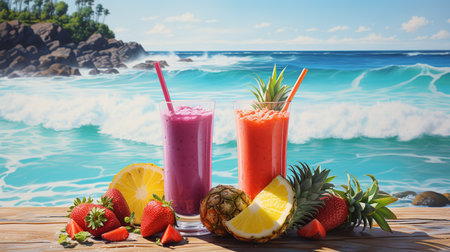 Fruit smoothies on the beach. Strawberries, pineapple, lemon and strawberries.の素材